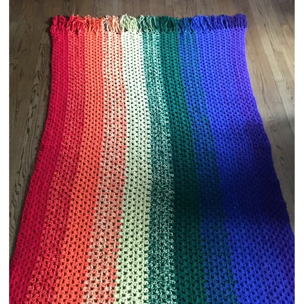 Handmade Crochet Rainbow Afghan Blanket Throw Fringe Edge 54W x 84L